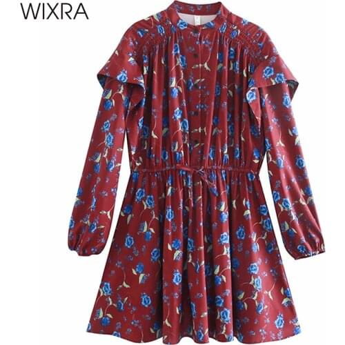 Wixra Print A Line Lace Up Dresses Womens Long Sleeve Empire Elegant Clothing Street Style Spring Autumn