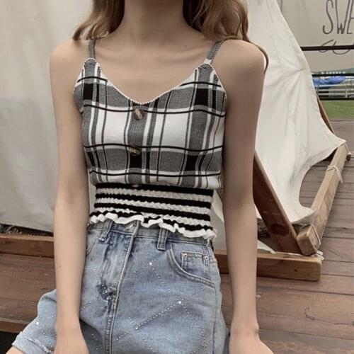 Women\s Sexy V-Neck Plaid Fashion Casual Sleeveless Camisole 2020