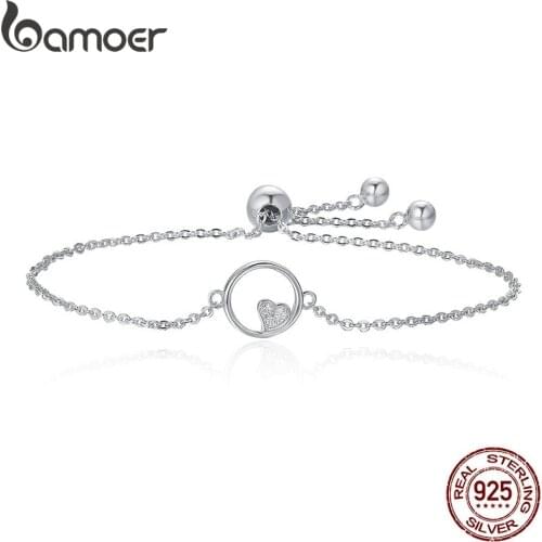 BAMOER Genuine 925 Sterling Silver Sweetheart Heart In Circle Chain Bracelets For Women Luxury Authentic Silver Jewelry SCB020