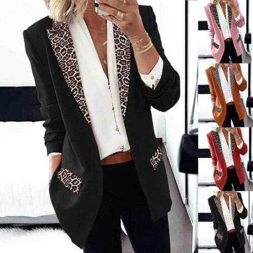 Women Lapel Collar Leopard Patchwork Formal Blazer Long Sleeve Open Front Slim Outwear Coat Jacket