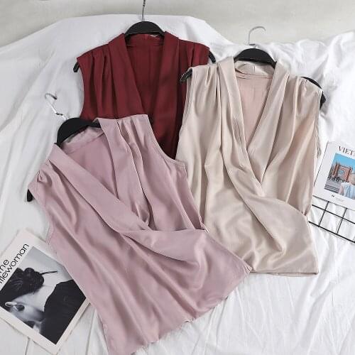Elegant 2019 Women Spring Summer V-neck Shirt Casual Solid Color Slim Chiffon Pullover Sleeveless Satin Silk Blouse Tops