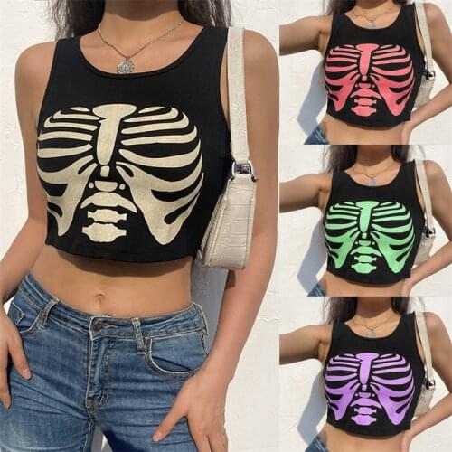 Hirigin 2021 New Style Women Ribbed Knitted Tank Tops Ladies Fashion Sleeveless Round Neck Skeleton Print Crop Tops Summer Vest