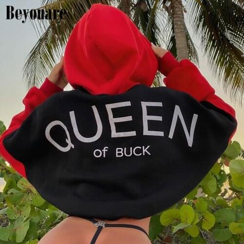 Beyouare Streetwear Hooded Sweatshirt Women Patchwork Letter Print Long Sleeve Crop Top Pullovers Autumn Cotton Causal Y2K Party