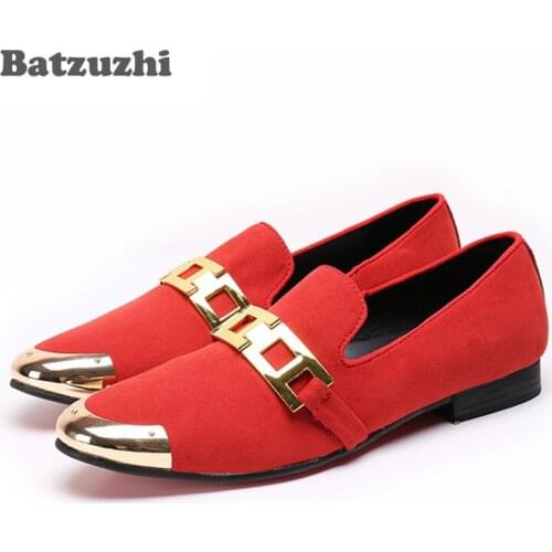 Batzuzhi Brand 2018 New Men Shoes Handmade Red Suede Leather Shoes Party and Red Wedding Men Dress Shoes Loafers Flats, Big Size