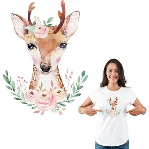 Flower Deer Thermal Transfer Girl T-Shirt Jeans Decoration Iron on Patch Washable New DIY Patches For Clothes Hat