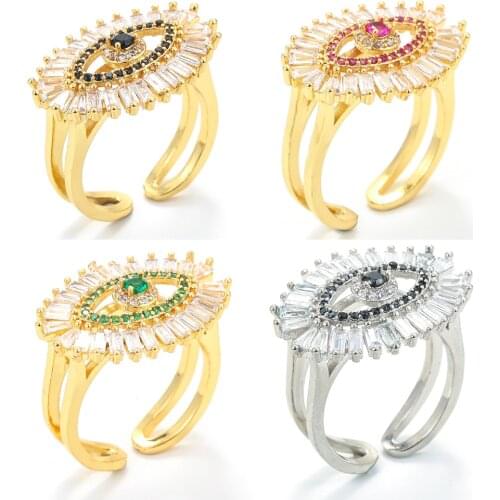 EYIKA New Bohemian Multicolor Zircon Gold Silver Color Wide Rings for Women Evil Eye Open Adjustable Ring Party Jewelry Gift