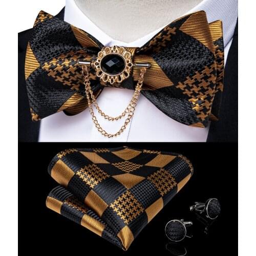 Gold Black Check Men Woven Silk Wedding Self Tie Bow Tie Handkerchief Brooch Pin Set Party Butterfly Men Necktie #3004 DiBanGu