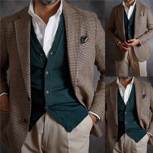 Plaid Casual Singal Breasted England Style Wram Winter Top Thick Woolen Man Suit Jacket