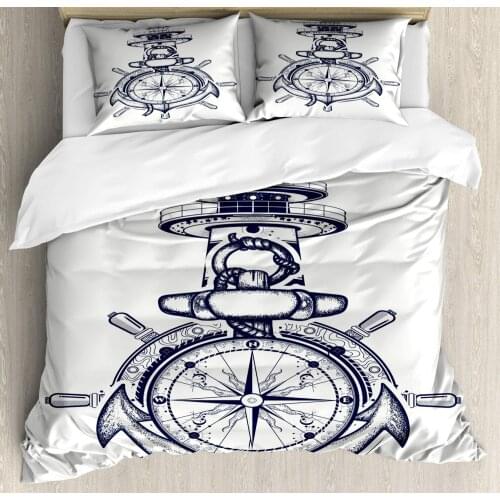 Nautical Duvet Cover Set Marine Composition of Anchor Steering Wheel Lighthouse and Compass Decorative 3 Piece Bedding Set
