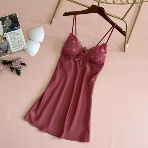 Lace Satin Nightdress Lady Strap Backless Nighty Gown Summer Sleeveless With Chest Pads Nightgown Sleepshirt Lounge Sleep Dress