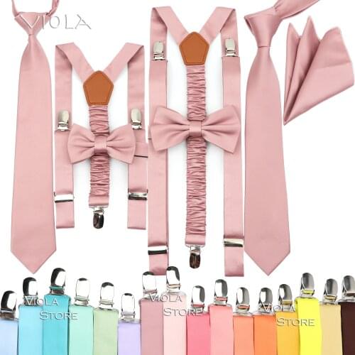 Top Hot Color Pink Green Men Kid Solid Polyester Suspenders Bow Tie Hankie Sets Wedding Party Brace Straps Gift Accessory 2 Size