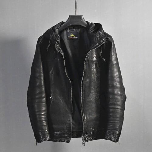 Genuine Leather Jacket Men Vintage Mens Sheepskin Coat Casual Hooded Male Jackets Spring Autumn 2021 Hommes Veste Pph3674