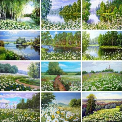 Huacan 5d DIY Diamond Embroidery Complete Kit Daisy Lake Diamond Painting Full Square Mosaic Landscape Flower Wall Paintings