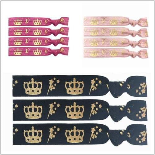 New Arrive 4 Colors 40pcs 5/8" Crown Gold Foil Print Hair Band Hair Tie FOE Elastic Band Ponytail Holder Bracelet Wristband