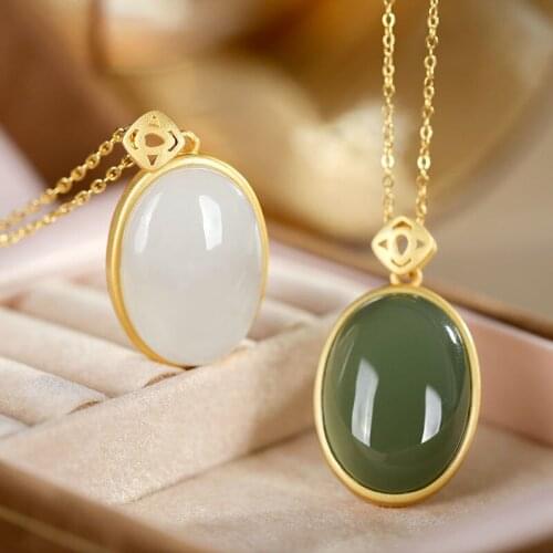 New silver inlaid natural Hetian white jade Oval Pendant Necklace Chinese style retro unique ancient gold charm womens jewelry