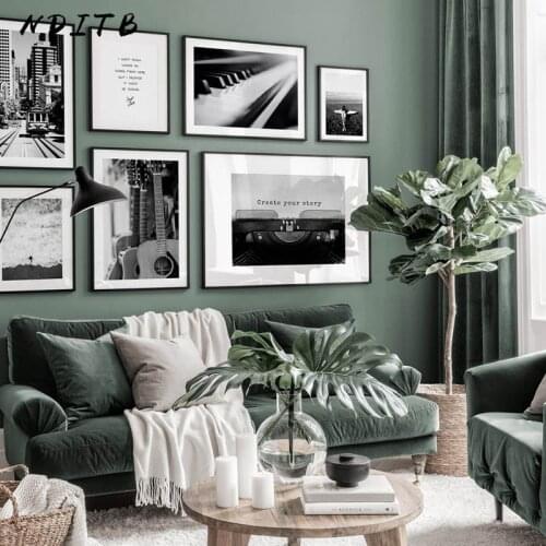 Music Instruments Guitar Piano Poster Black White Print Sexy Beach Girl Canvas Art Painting Nordic Wall Picture Home Decoration