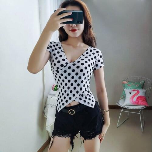 Sexy Latin Dance Dress Women Short Sleeve V-neck Tops Polka Dot Modern Dance Training Clothes