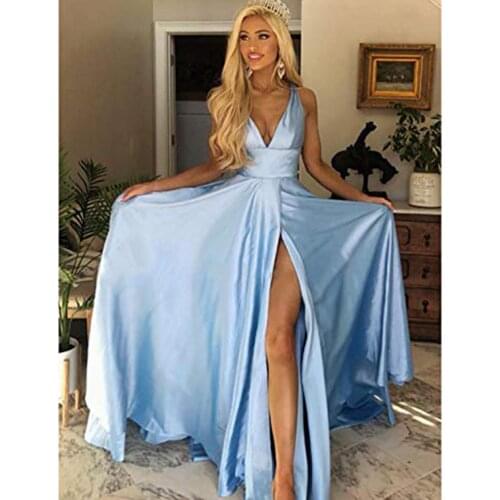 Платья V Neck Split Prom Evening Dress for Women A-Line Long Satin Formal Party Gown платья для выпускного vestidos de cóctel