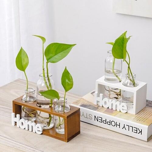 INS Simple Wooden Glass Vase Plant Transparent Flower Arrangement Flower Ware Living Room Home Decoration Ornaments