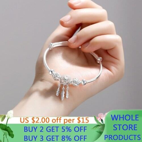 Adjustable 925 Sterling Silver Dreamcatcher Tassel Feather Round Bead Charm Bracelet &Bangle For Women Elegant Jewelry LSL343