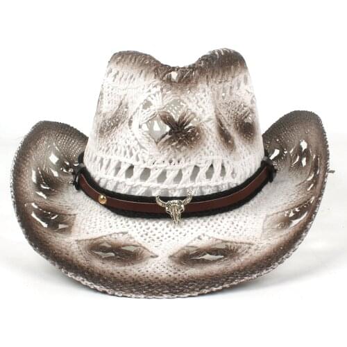 Womens Mens Straw Western Cowboy Hat Handmade Weave Bull Head Belt Summer Beach Cowgirl Jazz Sombrero Cap