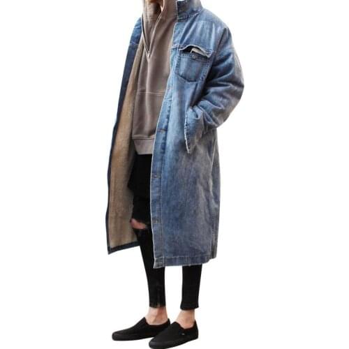 Mid-length Denim Windbreaker Trendy Men Plus Velvet Warm Winter Lamb Velvet Oversize Zippered Cuffs Single Breasted Cotton Coat