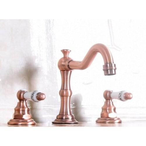 Vintage Retro Antique Red Copper Dual Ceramics Handles Widespread 3 holes Bathroom Vessel Sink Faucet Cold/Hot Water Tap anf175