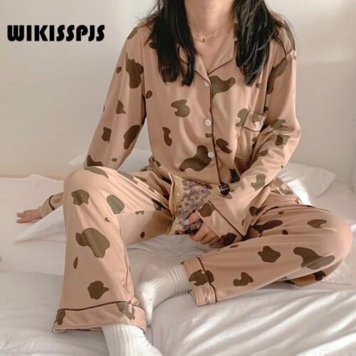WIKISSPJS Spring Autumn Korean Long Sleeved Sweet Girl Wearing Home Clothes Two piece Suit Pajama Girl Lounge Wear Sleep Wear