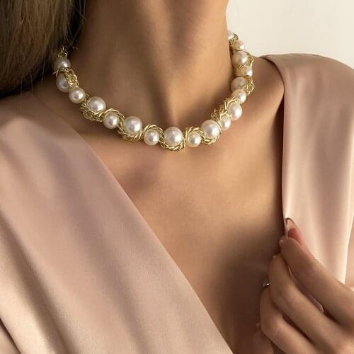 European and American retro jewelry with winding chain imitation pearl pastoral retro metal twist chain female necklace