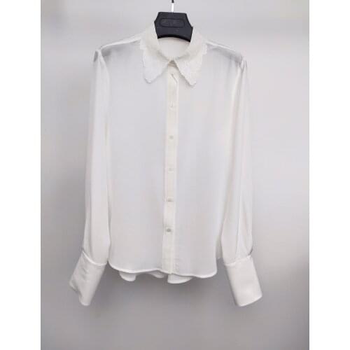 Ladies 2021 fashion new long-sleeved sexy casual solid color embroidered collar silk shirt 0104