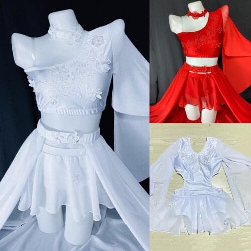 2020 Pole Dance Clothing Women White/Red Split Dance Skirts Stage Costumes For Singers Performance Clohes Rave Outfit DQS5808