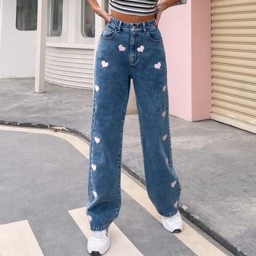 2021 New Style Women Casual Straight Jeans Ladies Loose Love Pattern High Waisted Trousers with Pockets Autumn