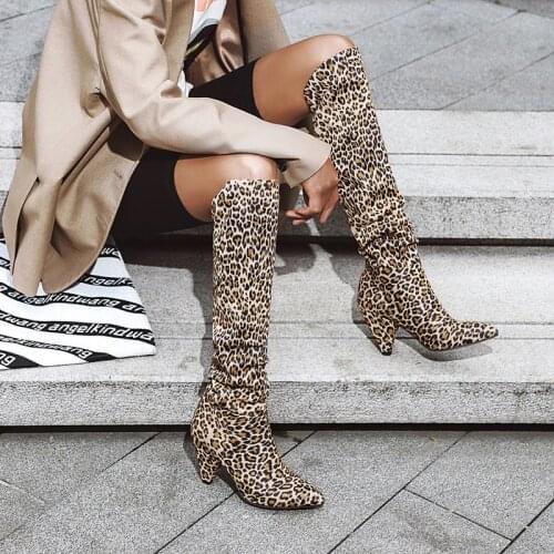 Knee High Boots for Women Folds Western Cowboy Long Boots Female Winter Boots Pointed Toe Heels Cowgirl Boots Woman Suede