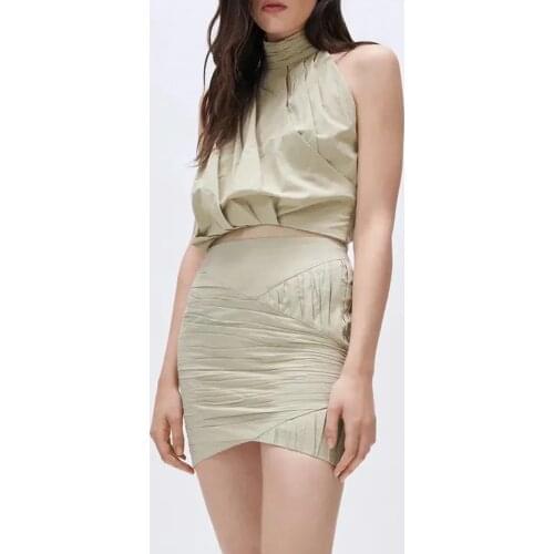 XEASY 2021 Summer Women Vintage Casual Folds Two-Piece Set Slim Stand Collar Tank Top Female High Waist Mini Skirt Skirt Set