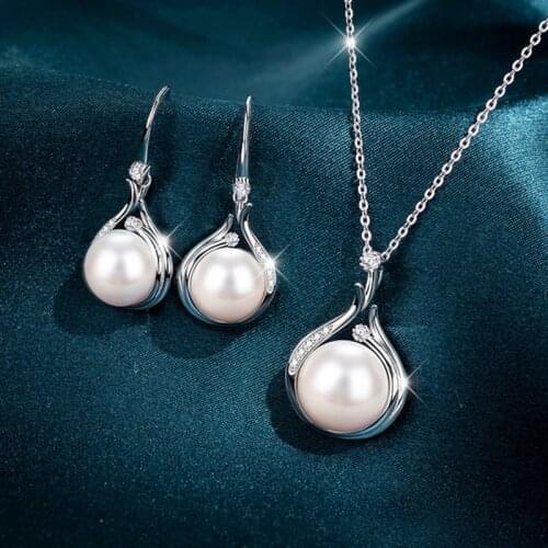 925 Silver Pearl Jewelry Set Fashion Simple Natural Shell Pearl Pendant Necklace Earrings For Women Wedding Christmas Gift