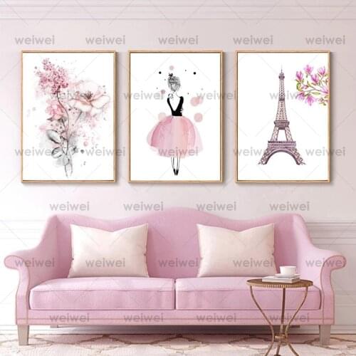 Nordic Decoration Pink Flower Dress Girl Wall Art Canvas Painting Eiffel Tower Posters and Prints Wall Pictures for Living Room