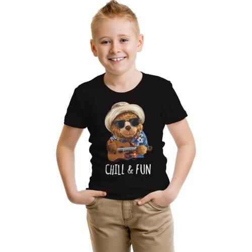 BLINGPAW Teddy Bear Chill & Fun Letter Print Kids T-shirt Cotton Unisex Top&Tees Summer Kid Clothes Baby Tshirts