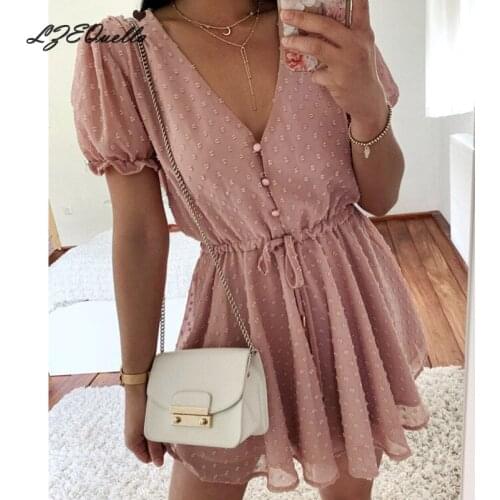 LZEQuella Elegant Pink Dot Party Dresses Women V Neck Short Puff Sleeve Button Ruffle Ladies Mini Day Dress Female Clothing