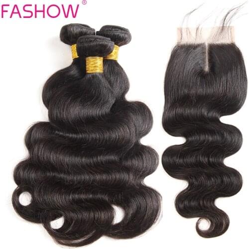 Fashow Hair Bundles With Closure Indian Hair Body Wave 3 Bundles With Lace Closure 100% Human Hair Weave Extensions 8-28 inch
