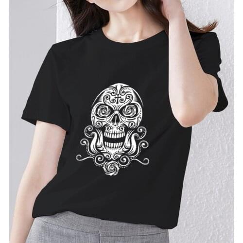 Tshirts for Women Street Black All-match Basis Short Sleeve Tops Gothic Style Skulls Pattern Print Series Female T-Shirt Clothes