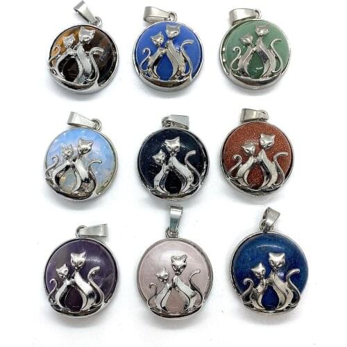 Exquisite Kitten-shaped Zinc Alloy Natural Stone Charm Agate Crystal Fashion Pendant Making DIY Jewelry Necklace Bracelet22x26mm