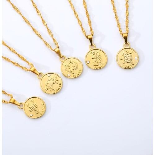 Round Coin Pendant Zodiac Sign Stainless Steel Minimalism Jewelry For Women Girl Aquarius Pisces Sagittarius Necklaces BFF