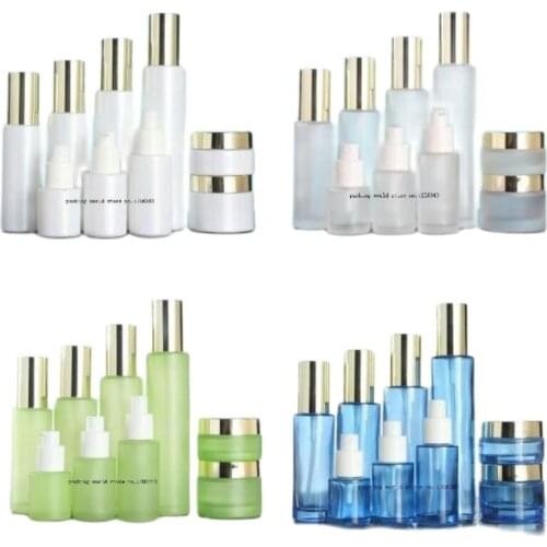 120ml frosted/green/blue/white glass pump bottle pump gold lid for serum/lotion/emulsion/foundation/toner cosmetic packing