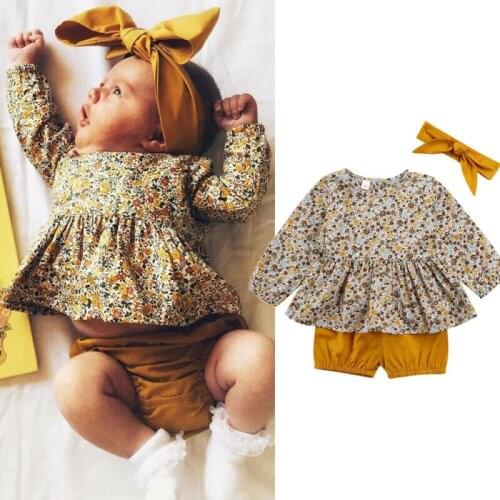 Cute Newborn Baby Girl Outfits Clothes 3Pcs Long Sleeve Floral Tops Dress+Shorts+Headband Baby Girl Spring Fall Sets 0-18M