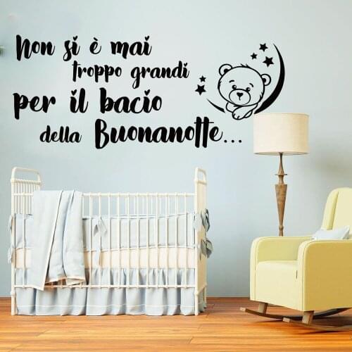 Cartoon Italian Goodnight Kiss Bear Moon Wall Decal Baby Nursery Kids Room Sleep Never Too Old Family Love Quote Wall Sticker