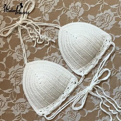 Solid Women Handmade Crochet Bikini Top Pad Swim Bra Push Up Swimwear Sexy Ladies Separate Sunbath Halter Swim Beachwear B01-A