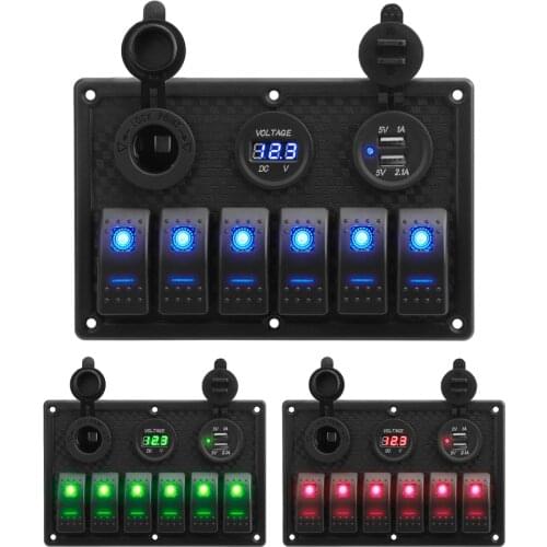 6 Gang Rocker Switch Panel 4.2A Dual USB Slot Socket Waterproof With Fuse Digital Voltage Display for Marine Car Truck