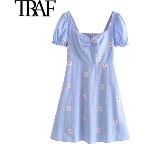 TRAF Women Sweet Fashion With Lining Floral Embroidery Mini Dress Vintage Puff Sleeve Side Zipper Female Dresses Mujer