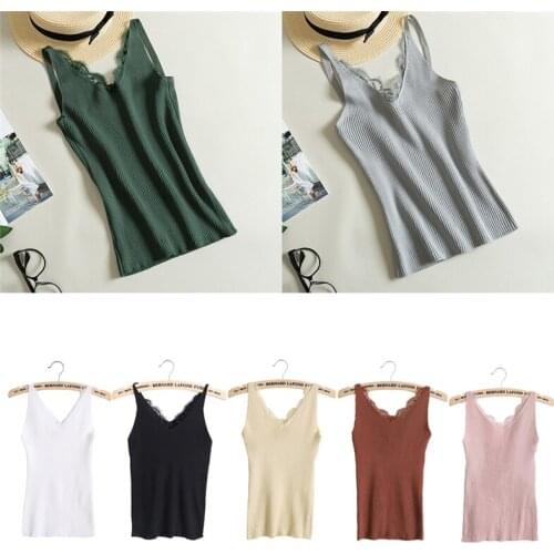 Sexy Women Plain Camisole Lace Splicing Double V-neck Vest Slim Sling Tank Tops F42F