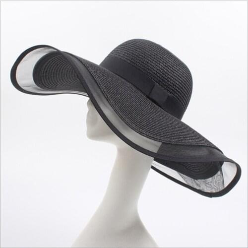 New Ladies Wide Brim 15CM Straw Hat Lace Beach Hats Women Fashion Hepburn Sun Hat Summer UV Protection Foldable Sun Shade Cap